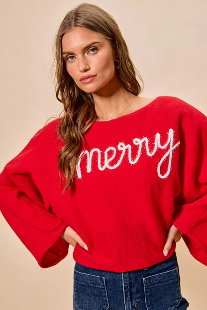 Red "Merry" Lettering Lightweight Boatneck Christmas Top | Trendy Tops Outfit Idea for Women by Ro + Ivy | Elevated Basics, Modern Comfort & Style