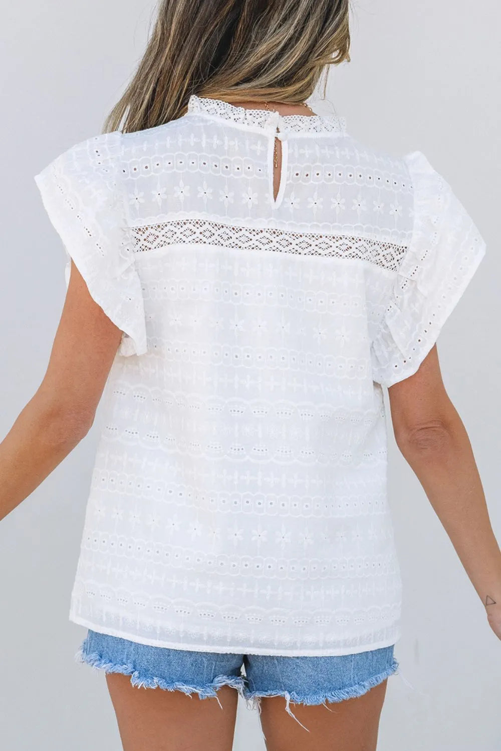 Round Neck Flutter Sleeve Eyelet Blouse with Lace - Blouses