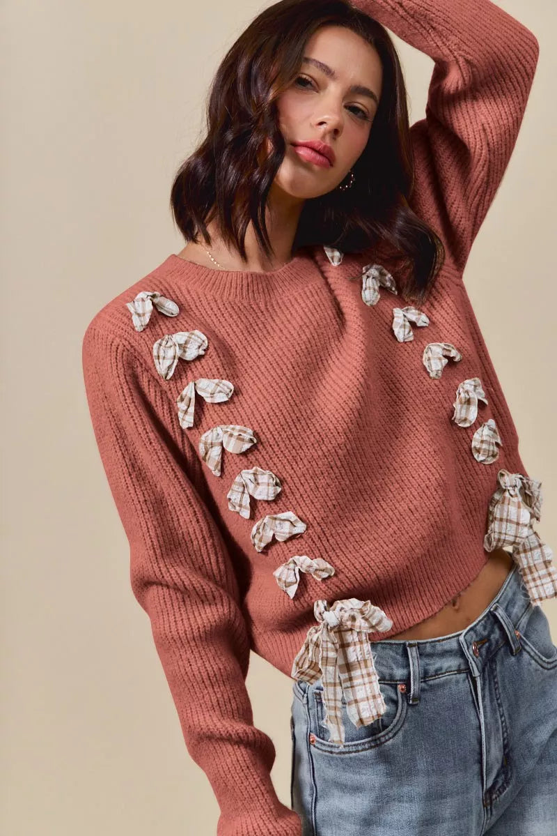 Checkered Plaid Tape Lace Up Ribbed Sweater | Trendy Sweaters Outfit Idea for Women by Ro + Ivy | Elevated Basics, Modern Comfort & Style