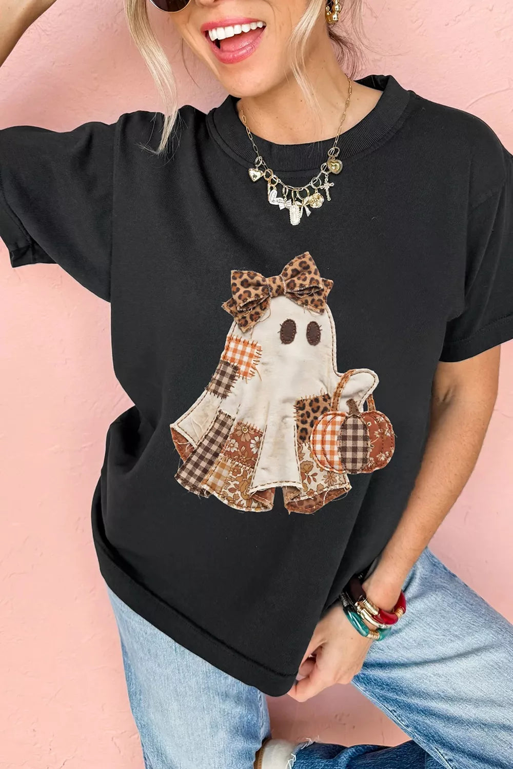 Halloween Plaid Ghost Applique Short Sleeve T-Shirt