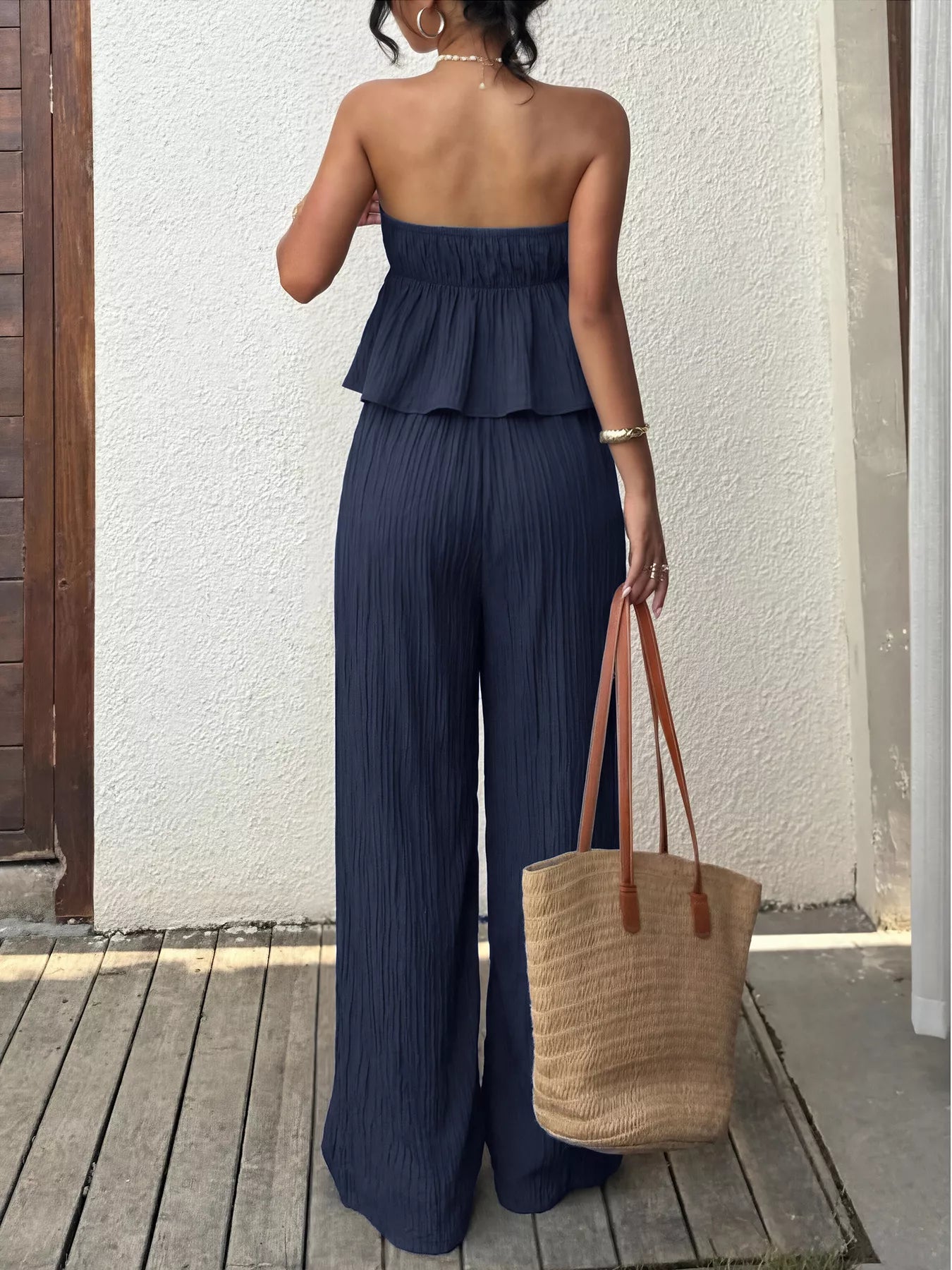 Women's Textured Tube Top and Flowy Wide Leg Pants Set - Matching Sets