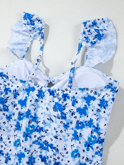 Women's Floral Ruffled Lace-Up Cutout One Piece Swimsuit - One-Piece Swimsuits