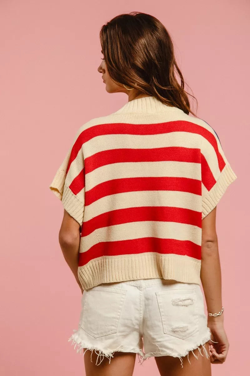 Star Patches American Flag Sleeveless Knit Sweater — Patriotic Festive Cozy Statement Style - Sweaters