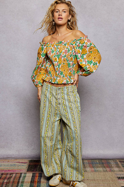 100% Cotton Floral Print Off-Shoulder Smocked Blouse - Blouses