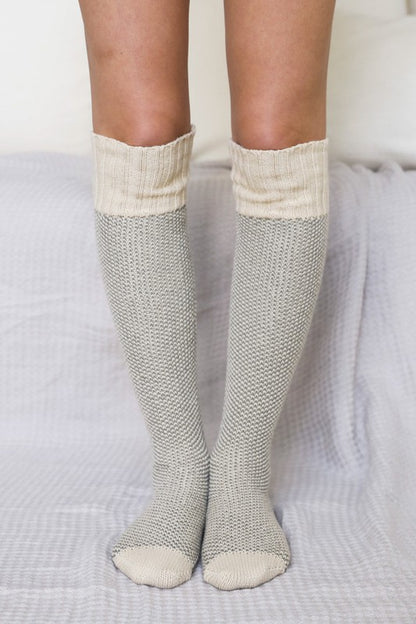 Oatmeal Default Long Knit Knee High Lounge Socks Trendy Socks Outfit Idea for Women | Ro + Ivy