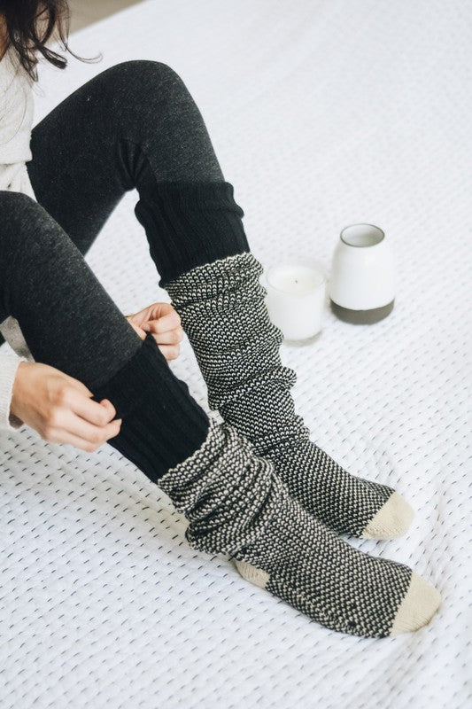 Long Knit Knee High Lounge Socks Trendy Socks Outfit Idea for Women | Ro + Ivy