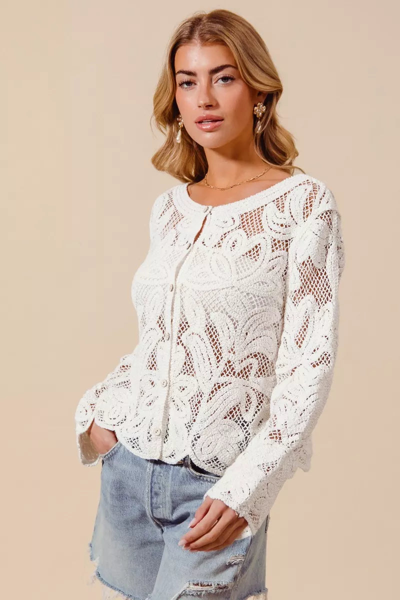 Floral Pattern Button Front Crochet Lace Cardigan — Delicate Lightweight Feminine Layering Style - Cardigans
