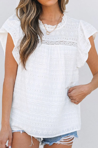 Round Neck Flutter Sleeve Eyelet Blouse with Lace - Blouses