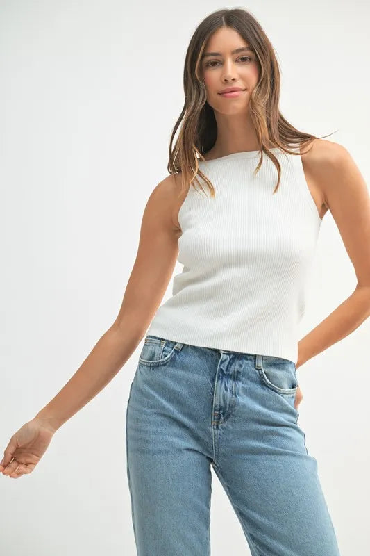 Off White Minimalist Ribbed Halter Neck Knit Top | Trendy Tops Outfit Idea for Women by Ro + Ivy | Elevated Basics, Modern Comfort & Style