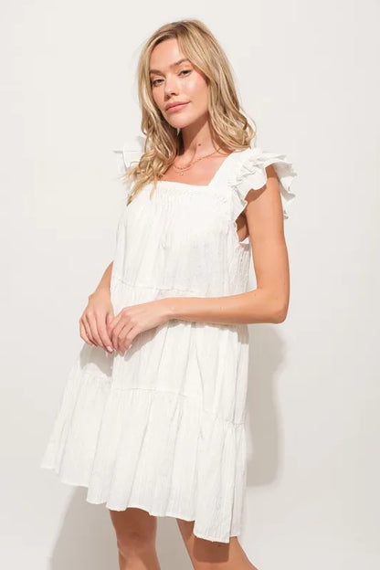 Origami Pleating Ruffled Sleeve Tiered Mini Dress – outfit idea for women | Ro + Ivy