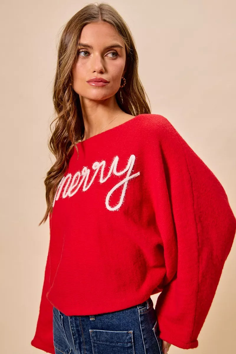 Red "Merry" Lettering Lightweight Boatneck Christmas Top | Trendy Tops Outfit Idea for Women by Ro + Ivy | Elevated Basics, Modern Comfort & Style