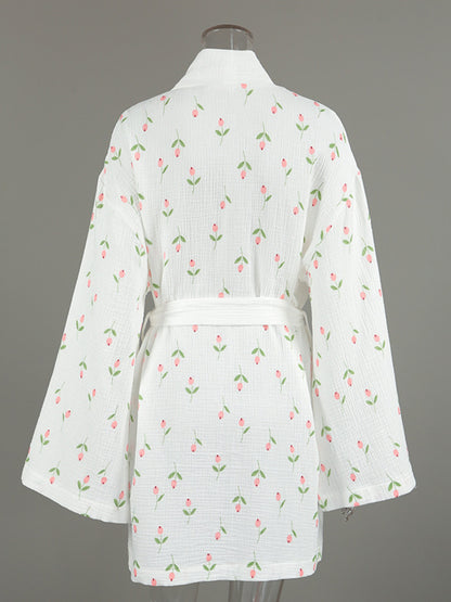 Floral Print Cotton Lightweight Kimono Robe - Robes