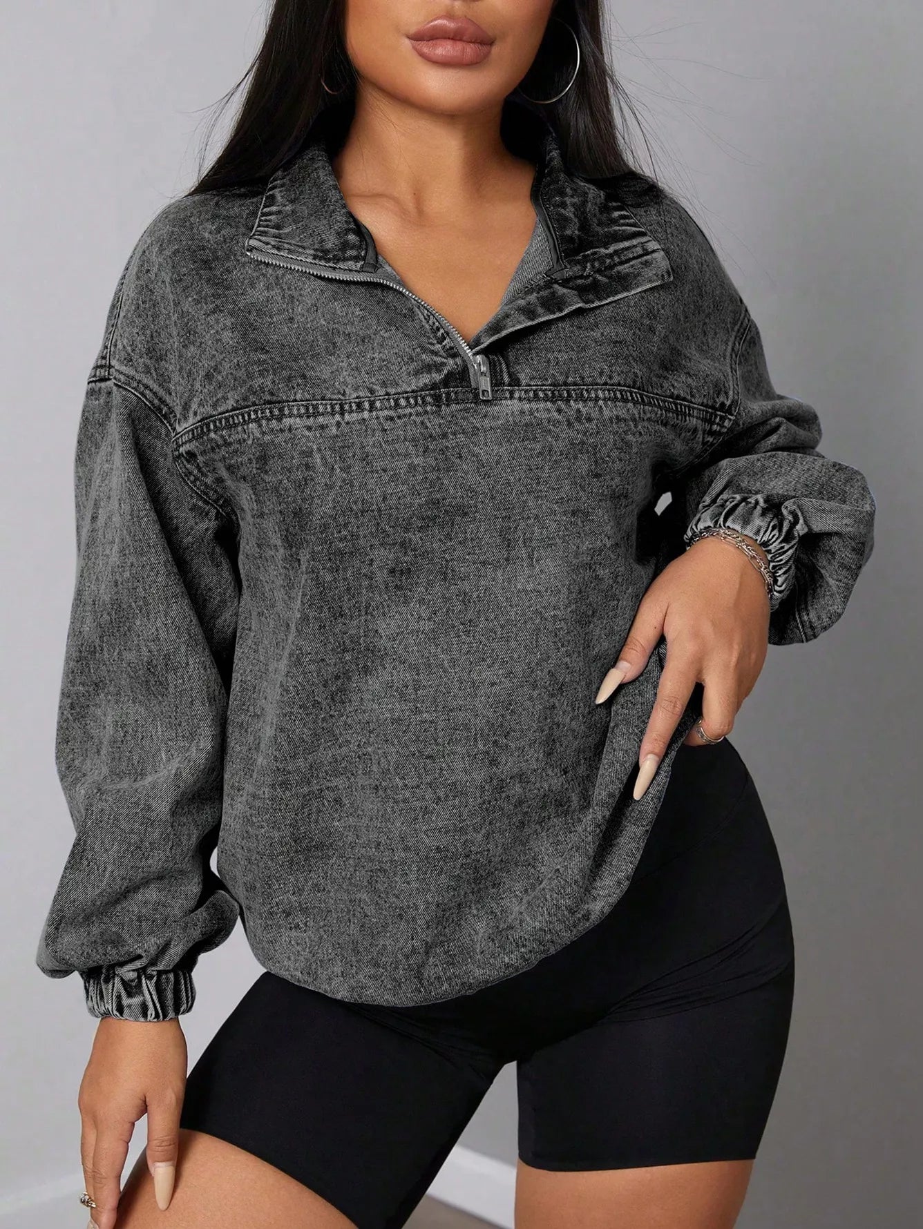 Women's Elastic Hem Quarter Zip Denim Top - Dark Gray Denim Jackets