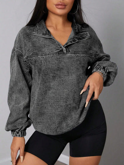 Women's Elastic Hem Quarter Zip Denim Top - Dark Gray Denim Jackets