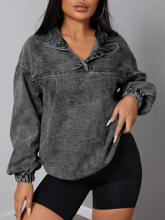 Women's Elastic Hem Quarter Zip Denim Top Dark Gray
