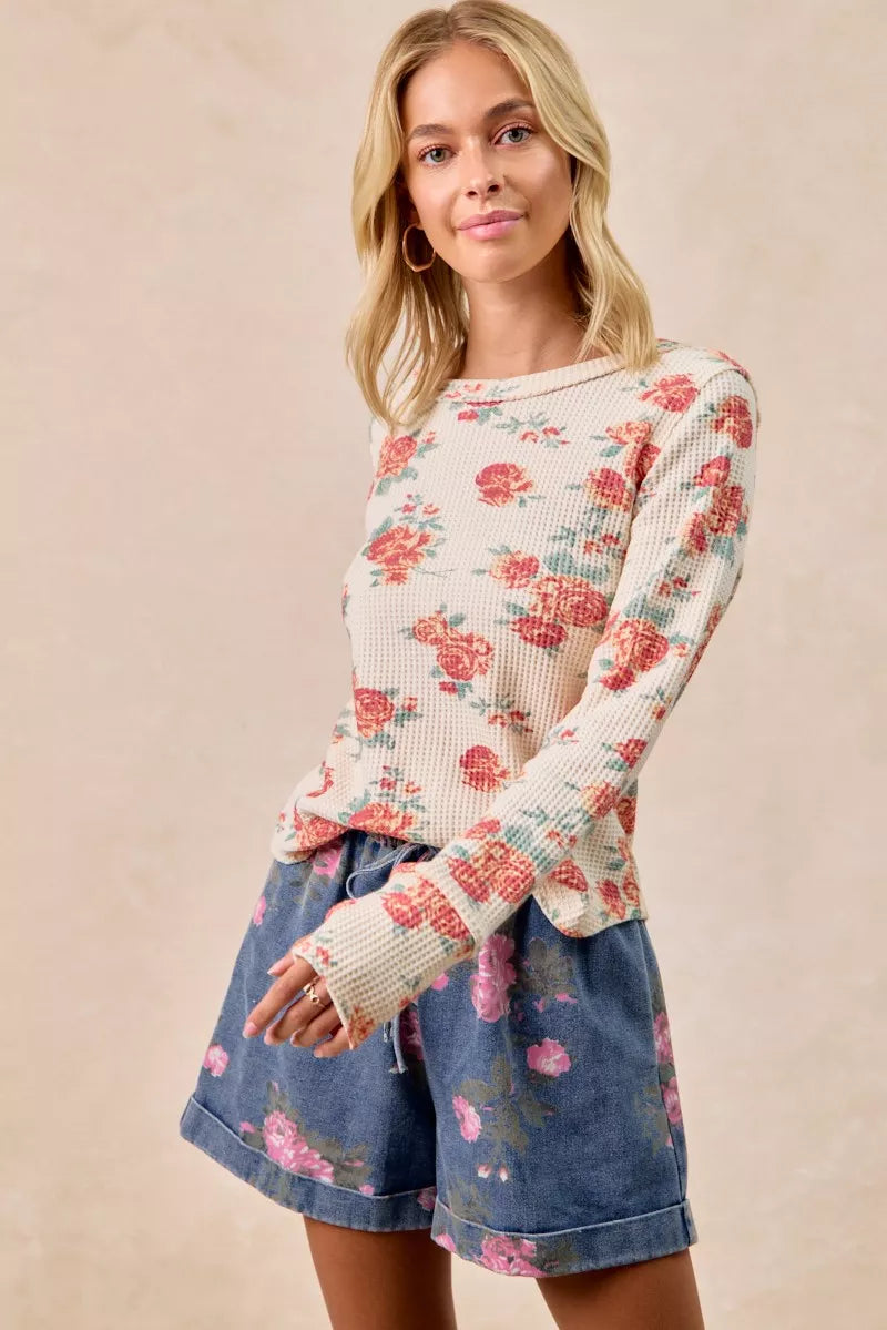 Oatmeal Washed Floral Long Sleeve Waffle Thermal Top with Sleeve Thumb Hole | Trendy Tops Outfit Idea for Women by Ro + Ivy | Elevated Basics, Modern Comfort & Style