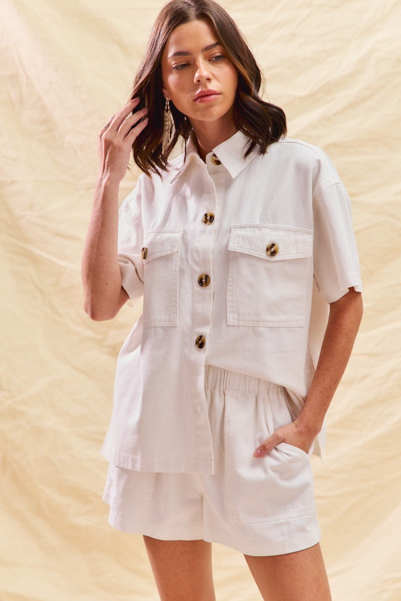 Button-Down Denim Shirt & Matching Shorts Two-Piece Set — Chic Casual Game Day Style - Outfit Sets