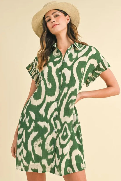 GREEN Abstract Printed Frill Short Sleeve Mini Dress | Trendy Mini Dresses Outfit Idea for Women by Ro + Ivy | Elevated Basics, Modern Comfort & Style