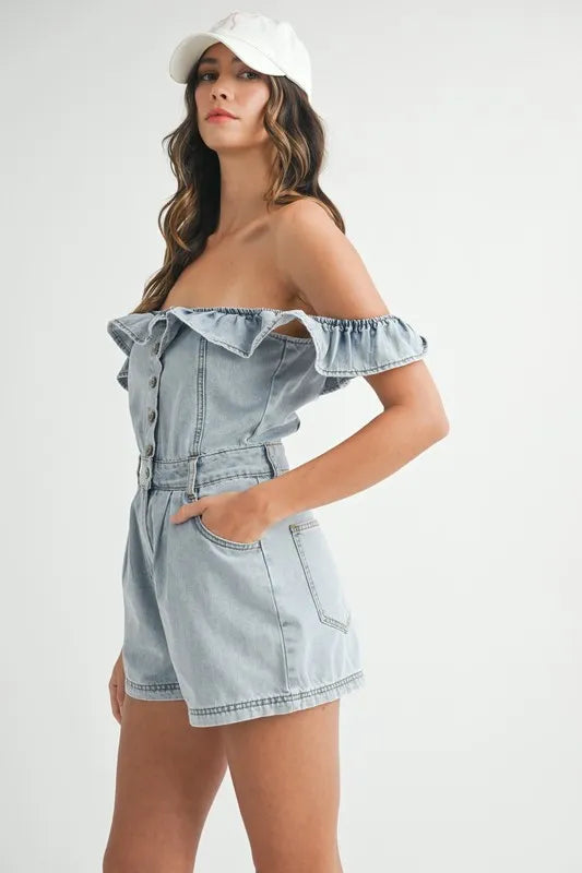 Off Shoulder Ruffle Detail Denim Romper - Rompers
