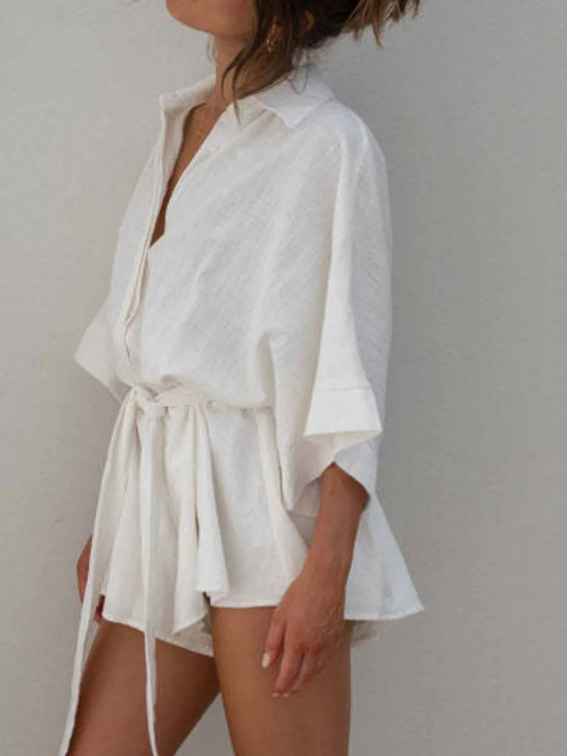 Button Up Collard Neck Half Sleeve Romper with Tie Front - Rompers