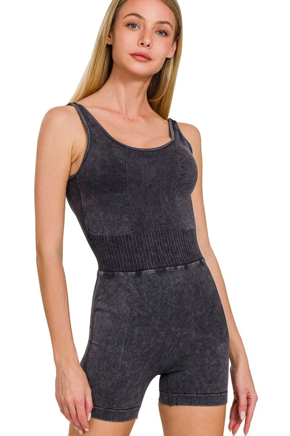 Women's Washed Sports Romper, Removable Bra Pad - BLACK Rompers
