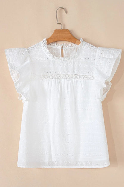 Round Neck Flutter Sleeve Eyelet Blouse with Lace - Blouses