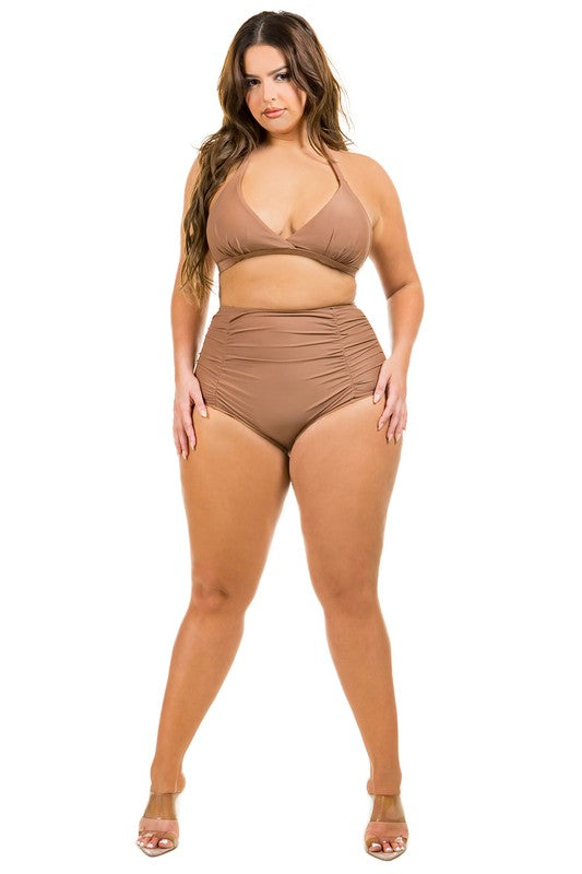 Two Piece High Waist with Ruched Front Swimsuit – outfit idea for women | Ro + Ivy
