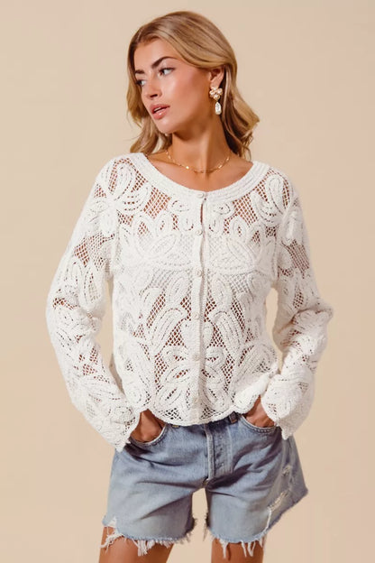 Floral Pattern Button Front Crochet Lace Cardigan — Delicate Lightweight Feminine Layering Style - Cardigans