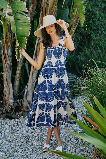 Women's Abstract Print Smocked Tiered Midi Dress - Midi Dresses