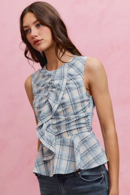 Women's Plaid Sleeveless Ruffle Peplum Top - Tops