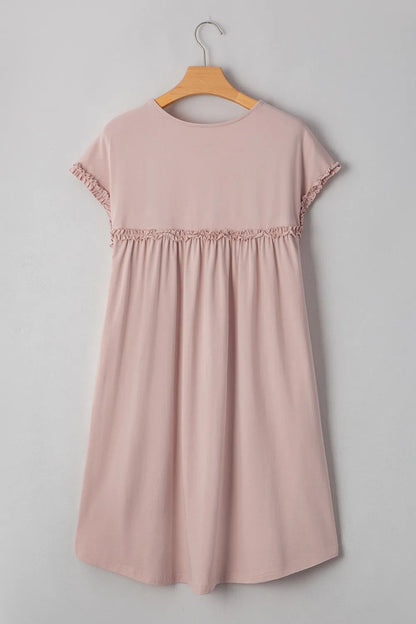 Frilled Trim Crew Neck Short Sleeve Loose Mini Dress - Mini Dresses