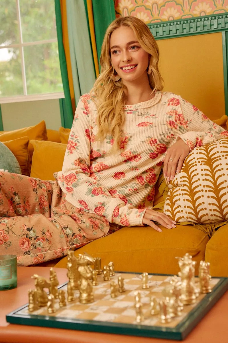 Oatmeal Washed Floral Long Sleeve Waffle Thermal Top with Sleeve Thumb Hole | Trendy Tops Outfit Idea for Women by Ro + Ivy | Elevated Basics, Modern Comfort & Style