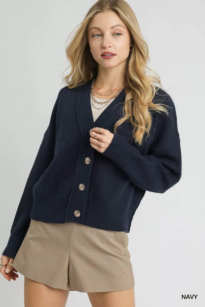 NAVY Button-Front V Neck Long Sleeve Knit Cardigan in Navy | Trendy Cardigans Outfit Idea for Women by Ro + Ivy | Elevated Basics, Modern Comfort & Style