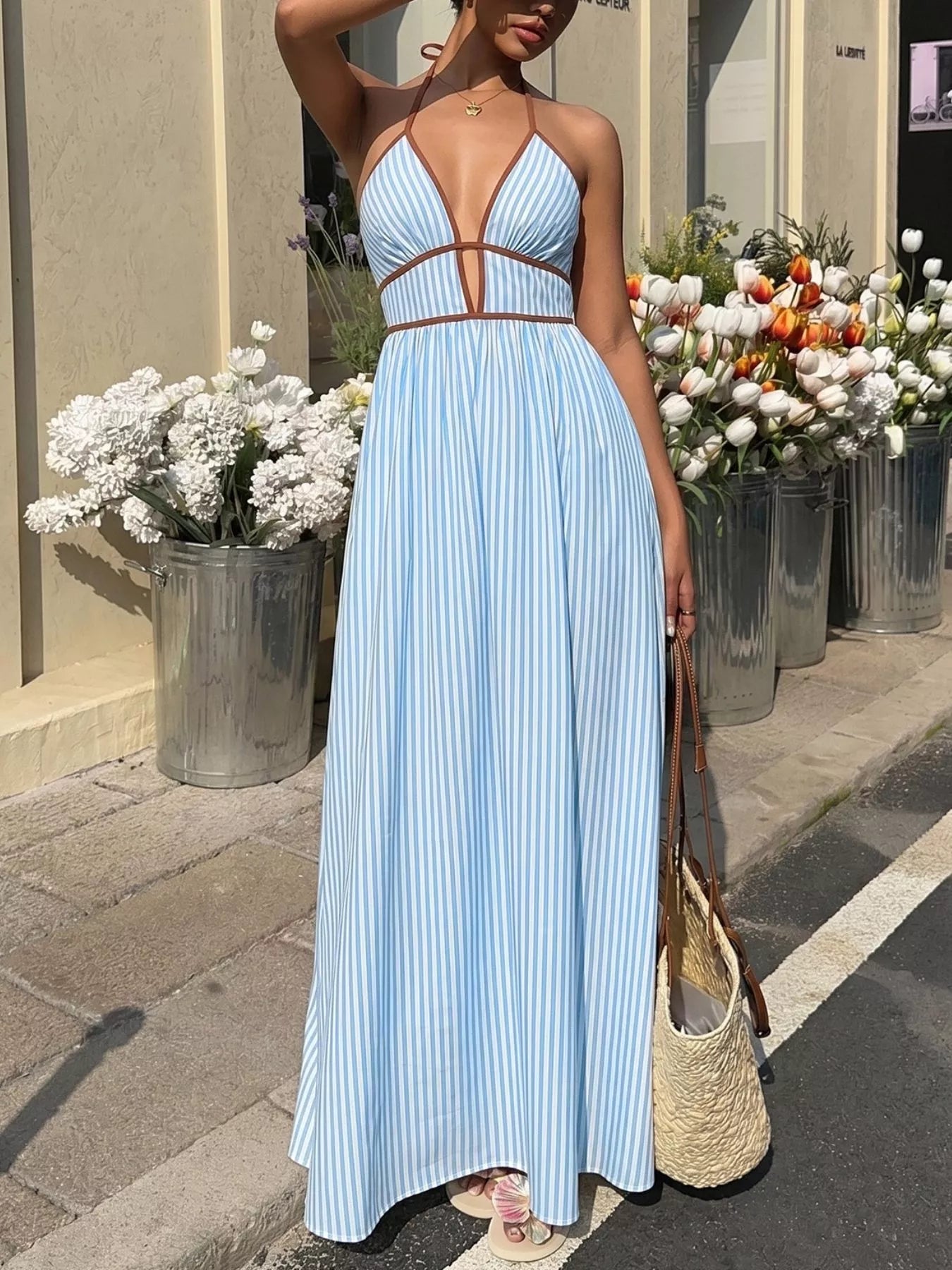 Women's Smocked Striped Halter Neck Maxi Dress - Maxi Dresses