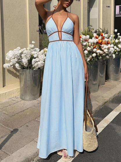 Women's Smocked Striped Halter Neck Maxi Dress - Maxi Dresses