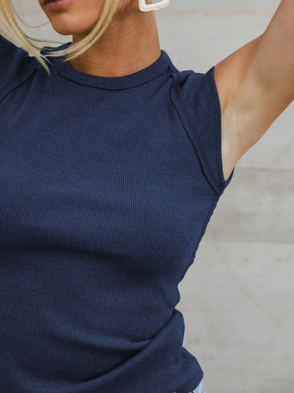 Solid Color Round Neck Top - Tops