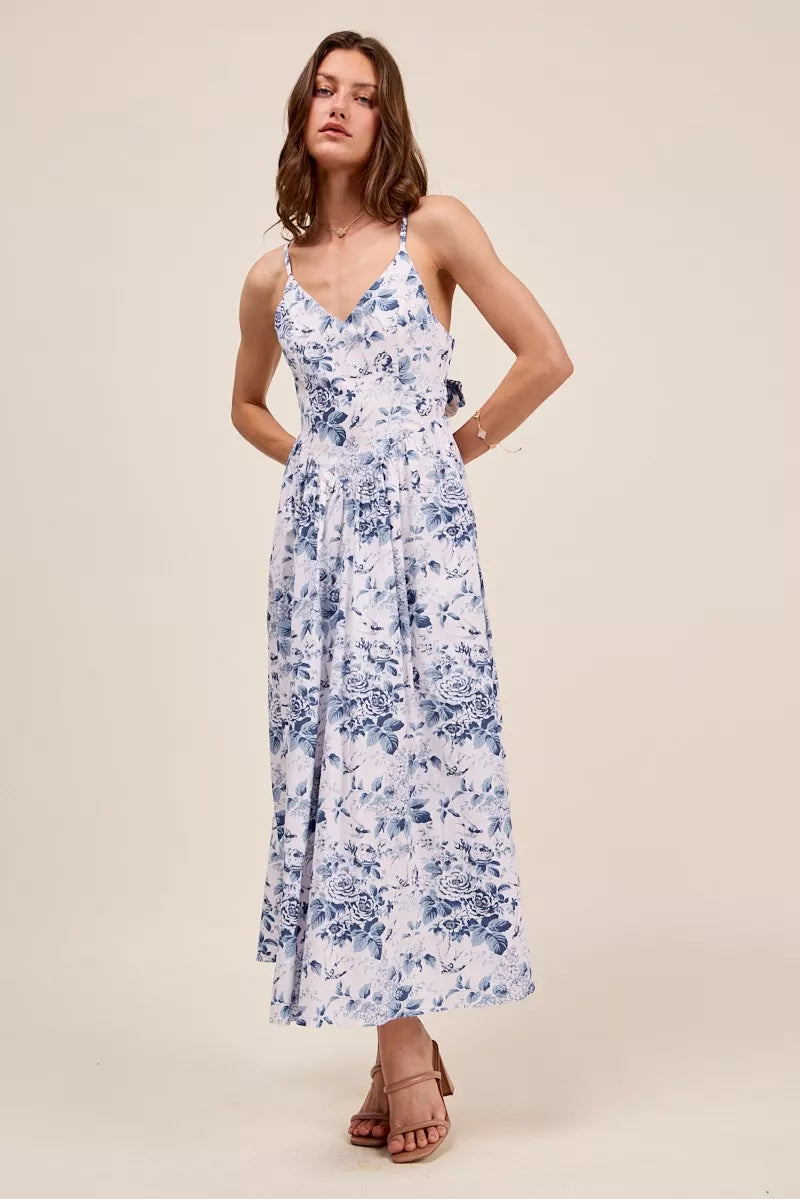 Floral Woven V-Neck Back Ribbon Tie Midi Dress — Romantic Adjustable Feminine Everyday Style - Midi Dresses