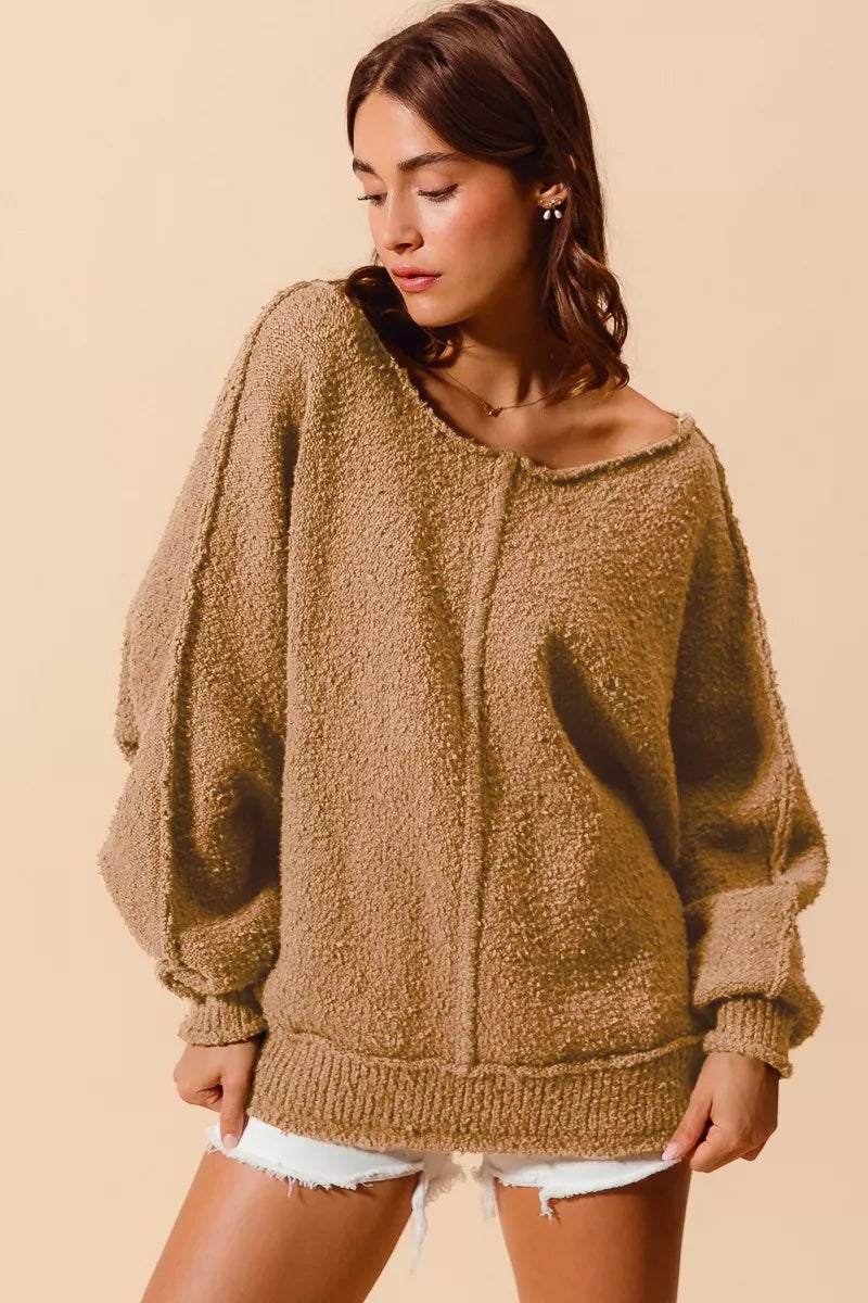 Boucle Loose Fit Sweater with Exposed Seam in Taupe | Trendy Sweaters Outfit Idea for Women by Ro + Ivy | Elevated Basics, Modern Comfort & Style