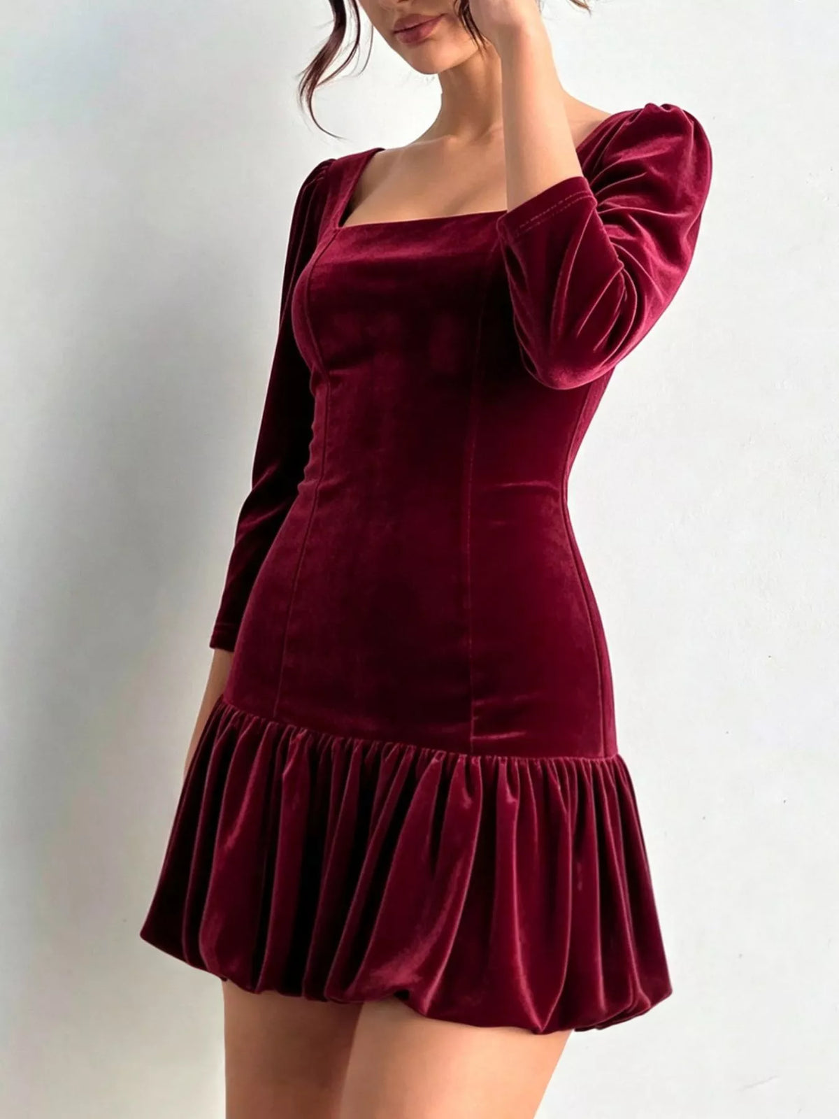Christmas Velvet Square Neck Mini Dress with Ruffled Hem and Seam Details