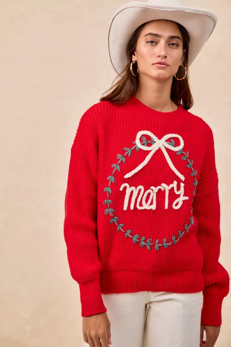 "Merry" Lettering Christmas Wreath Crewneck Sweater | Trendy Sweaters Outfit Idea for Women by Ro + Ivy | Elevated Basics, Modern Comfort & Style