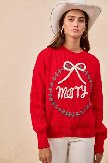 "Merry" Lettering Christmas Wreath Crewneck Sweater | Trendy Sweaters Outfit Idea for Women by Ro + Ivy | Elevated Basics, Modern Comfort & Style
