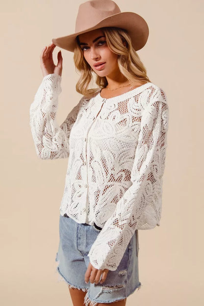 Floral Pattern Button Front Crochet Lace Cardigan — Delicate Lightweight Feminine Layering Style - Cardigans