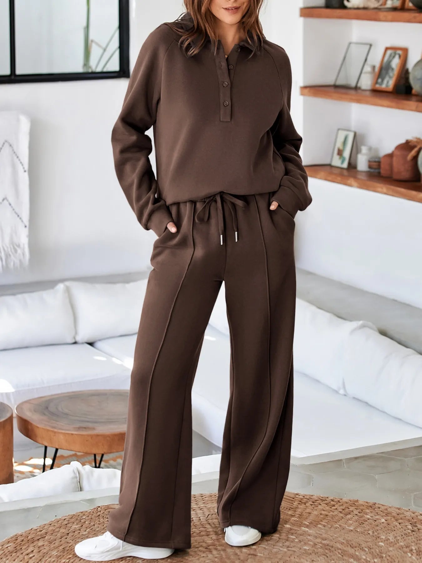 Women's Collared Sweatshirt and High Waist Pants Active Set - Activewear Sets