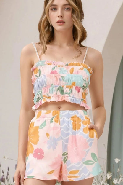 Women's Print Ruffle Trim Cami Top and Shorts Set - Floral Matching Sets