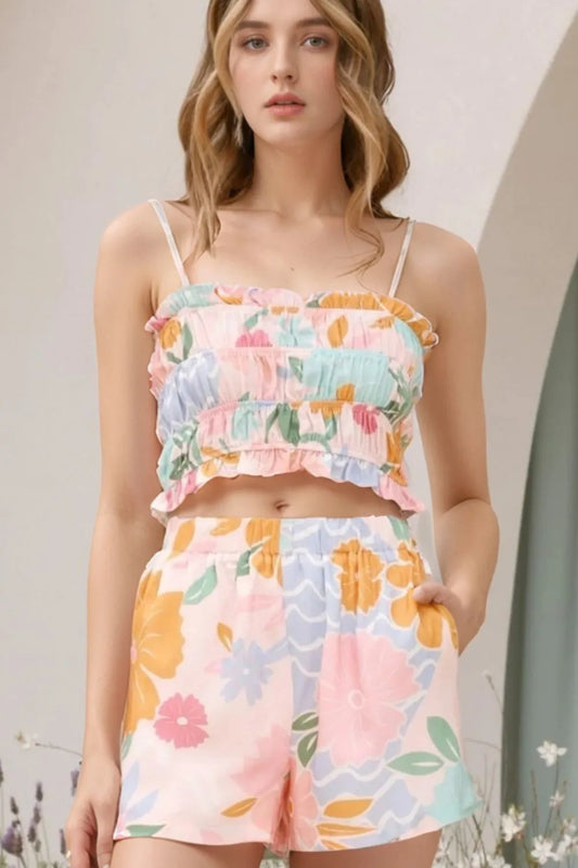 Women's Print Ruffle Trim Cami Top and Shorts Set Floral