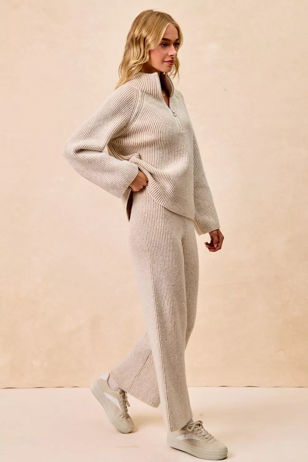 Two Tone Ribbed Knit Collared Zip Up Sweater | Trendy Sweaters Outfit Idea for Women by Ro + Ivy | Elevated Basics, Modern Comfort & Style