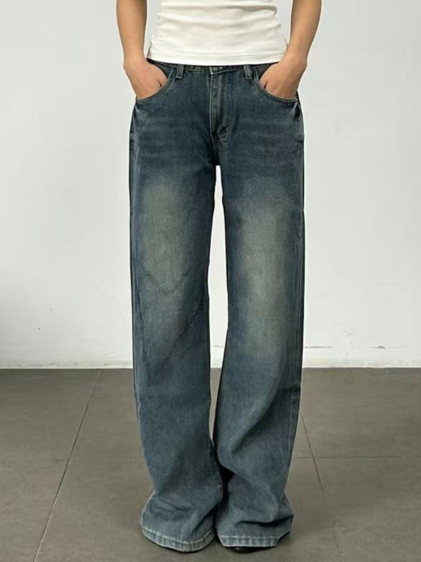 Vintage Wash Wide Leg Jeans - Jeans