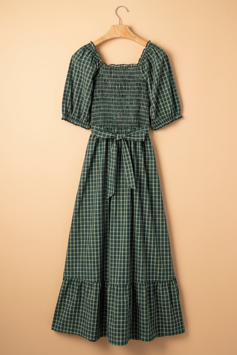 Green Plaid Shirred Bodice Ruffle Hem Maxi Dress
