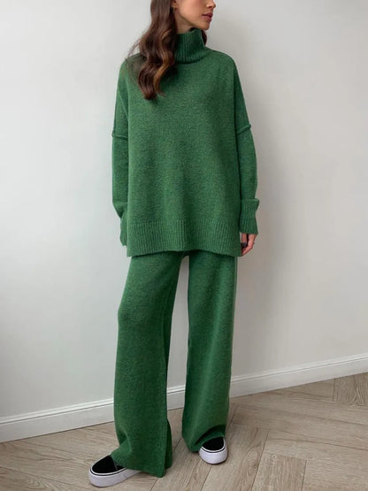 Long Sleeve Turtleneck Top with Slit and Pants Loungewear Set - Loungewear Sets