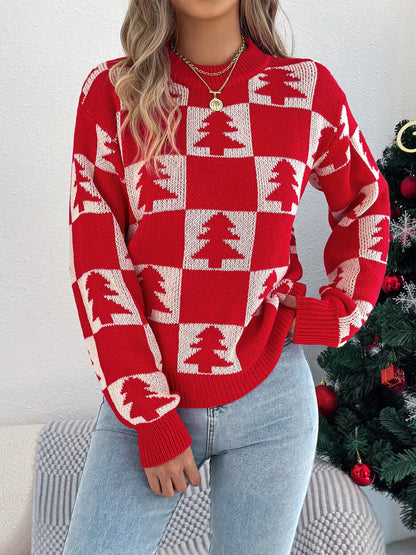 Christmas Tree Checkerboard Pattern Knit Sweater